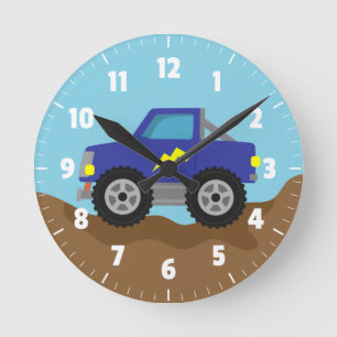 Horloge Ronde Monstre Camion Bleu de Course, pour la chambre des