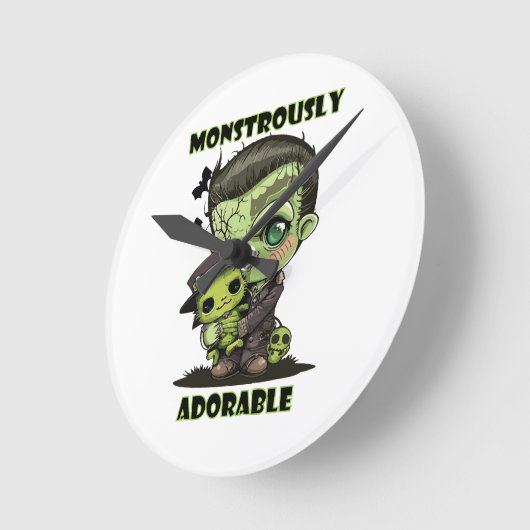 Horloge Ronde Monstre Frankenstein mignon avec plushie (Angle)