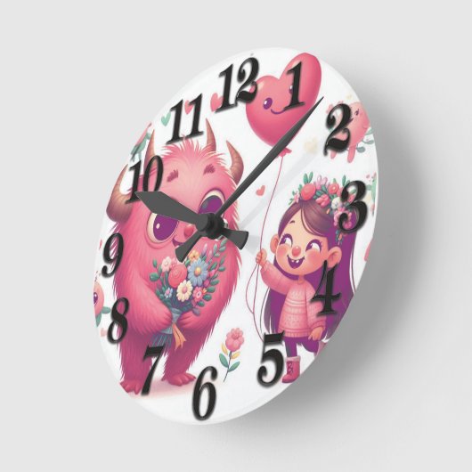 Horloge Ronde Monstre rose et la petite fille (Angle)