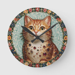 Horloge Ronde Montre de poche mosaïque florale Chat Tabby Orange