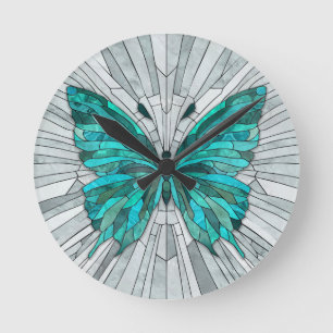 Horloge Ronde Mosaïque de papillon - vert émeraude et gris
