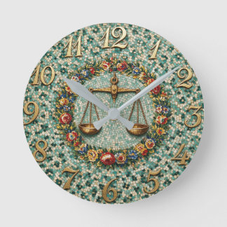 Horloge Ronde Mosaïque florale de style antique Zodiaque Balance