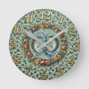 Horloge Ronde Mosaïque florale de style antique Zodiaque Poisson