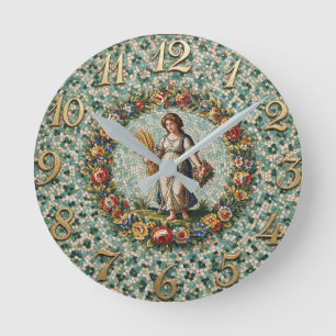 Horloge Ronde Mosaïque florale de style antique Zodiaque Vierge