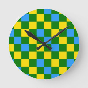 Horloge Ronde Motif à carreaux bleu jaune vert 