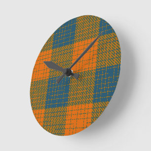 Horloge Ronde Motif à carreaux croisés orange et bleu 
