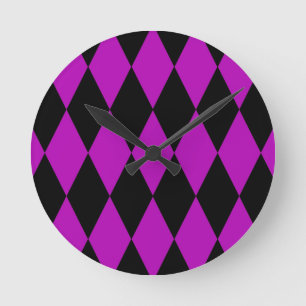 Horloge Ronde Motif à carreaux diamants Harlequin noir violet