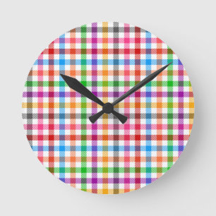 Horloge Ronde Motif à carreaux gingham arc-en-ciel coloré - Blan