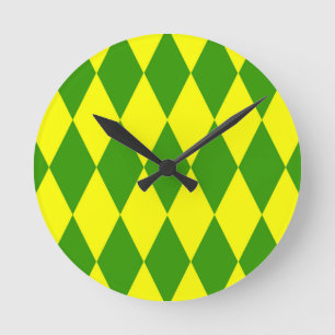 Horloge Ronde Motif à carreaux Harlequin jaune vert