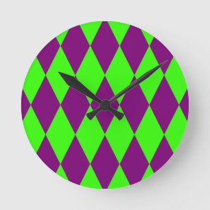 Horloge Ronde Motif à carreaux Harlequin vert et violet