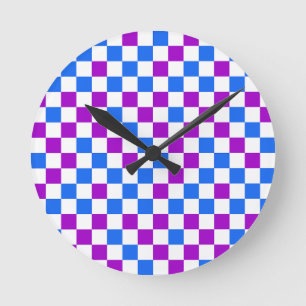 Horloge Ronde Motif à carreaux violet bleu et blanc
