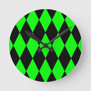 Horloge Ronde Motif à damier diamants Harlequin noir vert
