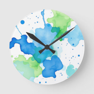 Horloge Ronde Motif Abstrait Aquarelle Bleu Vert