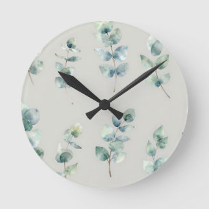 Horloge Ronde Motif aquarelle de feuilles d'eucalyptus