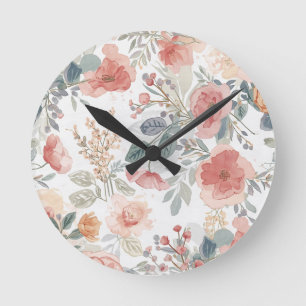 Horloge Ronde Motif aquarelle floral jardin corail rose
