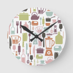 Horloge Ronde Motif avec les icônes colorées de cuisine