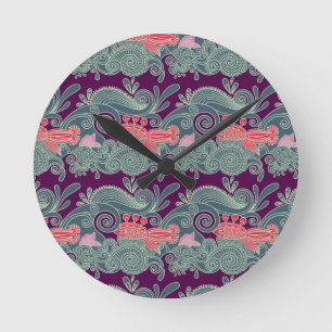Horloge Ronde Motif avec les poissons et la vague pourpre