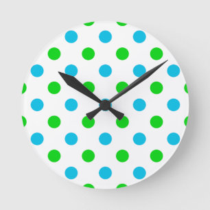 Horloge Ronde Motif bleu et vert sur pois blancs