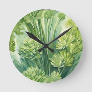Horloge Ronde Motif botanique vert de céleri luxuriant
