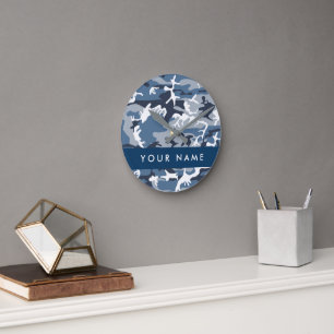 Horloge Ronde Motif camouflage neige hivernale bleue Personnalis