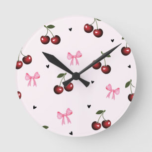 Horloge Ronde Motif Cerises & Rubans Roses - Esthétique Coquette