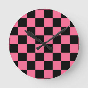 Horloge Ronde Motif chèque À damiers rose noir