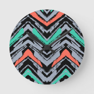 Horloge Ronde Motif Chevron Grise, Turquoise Et Corail