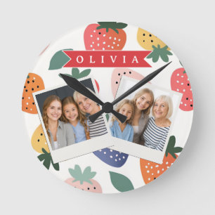 Horloge Ronde Motif Coloré Personnalisé de Fraise d'Été
