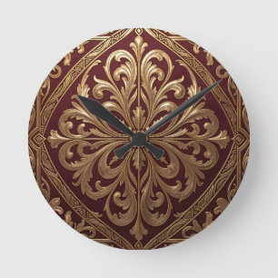 Horloge Ronde Motif d'acanthe doré orné Baroque rouge profond