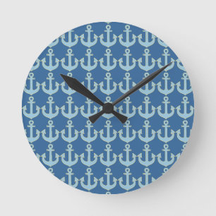 Horloge Ronde motif d'ancre nautique de bateau bleu