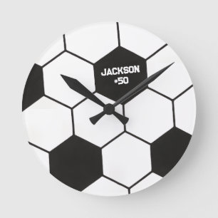 Horloge Ronde Motif de ballon de football noir et blanc sport pe