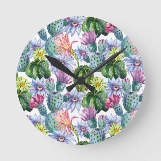 Horloge Ronde Motif de cactus aquarelle peint à la main (Recto)