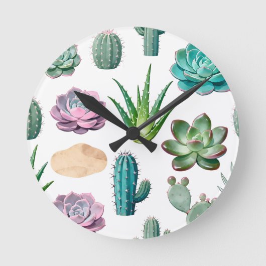 Horloge Ronde Motif de cactus succulent à l'aquarelle (Recto)