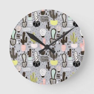 Horloge Ronde Motif de cactus texturés à la main
