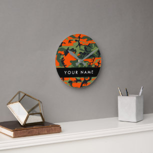 Horloge Ronde Motif de camouflage orange, Votre nom, Personnalis