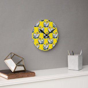 Horloge Ronde Motif de cygnes sur fond jaune 