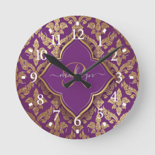 Horloge Ronde Motif de Damas Or Violet Royal Fleur Monogramme