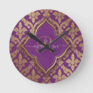 Horloge Ronde Motif de Damas Or Violet Royal Fleur Monogramme