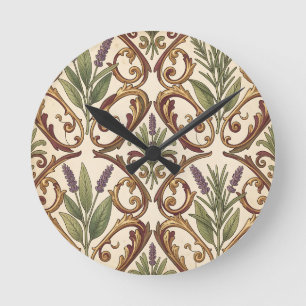 Horloge Ronde Motif de défilement or et lavande Romarin