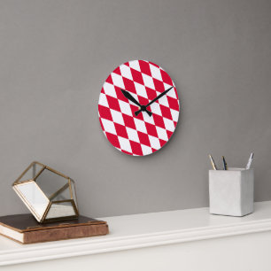 Horloge Ronde Motif de drapeau diamant Bavière rouge et blanc