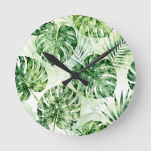 Horloge Ronde Motif de feuilles de monstera et de palmier tropic