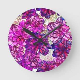 Horloge Ronde Motif de fleurs abstrait de rose et de pourpre