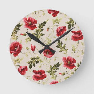 Horloge Ronde Motif de fleurs de coquelicots rouges vifs vintage