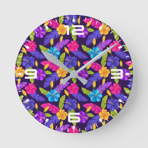 Horloge Ronde Motif de fleurs Feuilles tropicales colorées