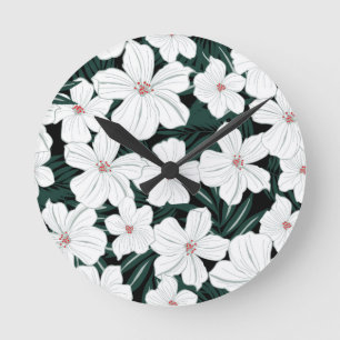 Horloge Ronde Motif de fleurs tropical blanc