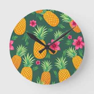 Horloge Ronde Motif de Hibiscus Tropical à l'Ananas