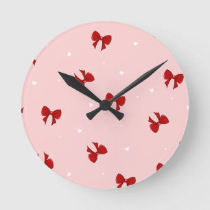 Horloge Ronde Motif de nœud en ruban rouge Mignon rose pastel