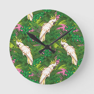 Horloge Ronde Motif de perroquets avec Feuilles de palme