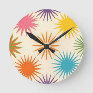 Horloge Ronde Motif de rafale d'étoiles coloré du milieu du sièc
