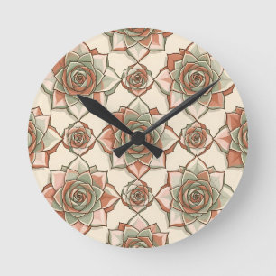 Horloge Ronde Motif de rose succulente stylisé Rose sauge rose